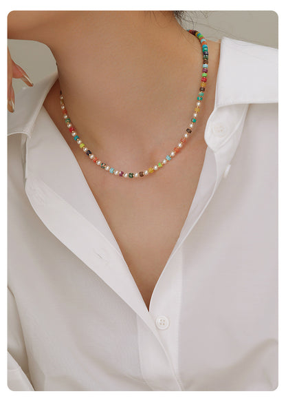 Dopamine Rainbow Beaded Pearl Necklace Colorful Layered Jewelry