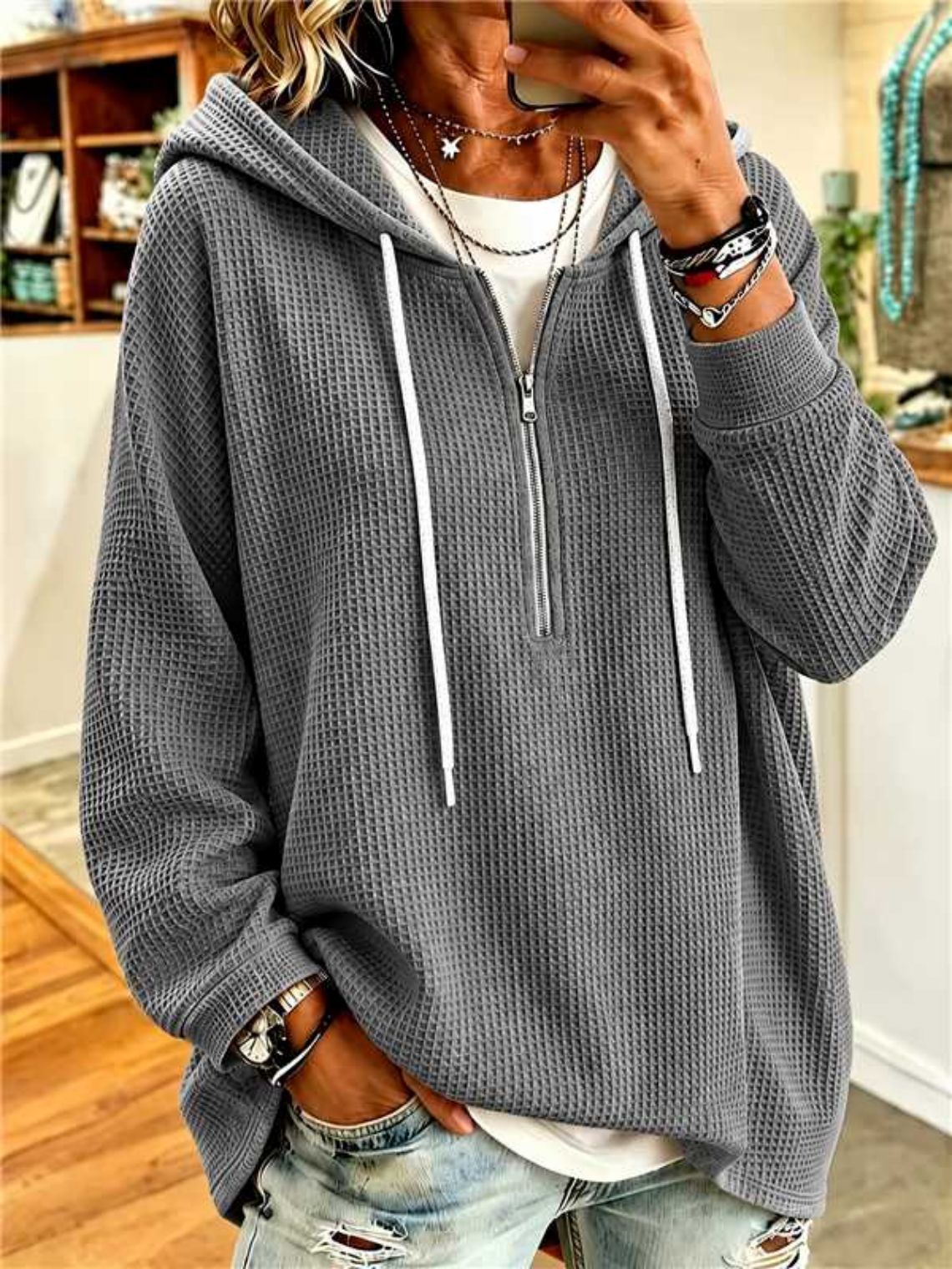 Women's Waffle Knit Half Zip Hoodie Oversized Batwing Tunic
