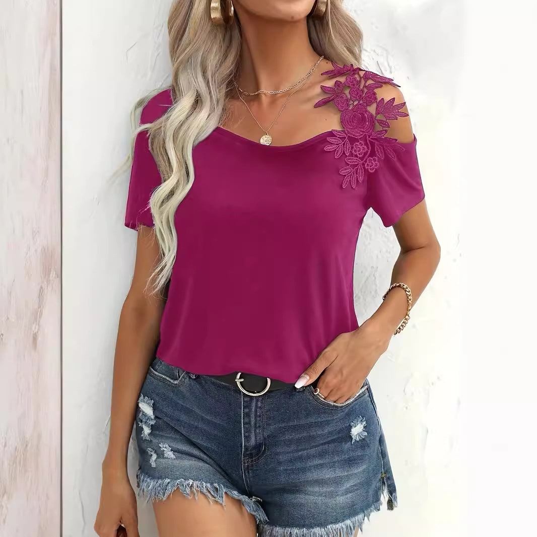 Women's Summer Solid Color Lace Splicing T-Shirt Top
