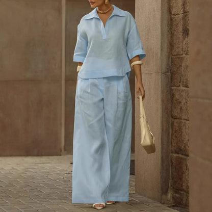 Women's Solid Matching Set Wide Leg Pants Collared Top