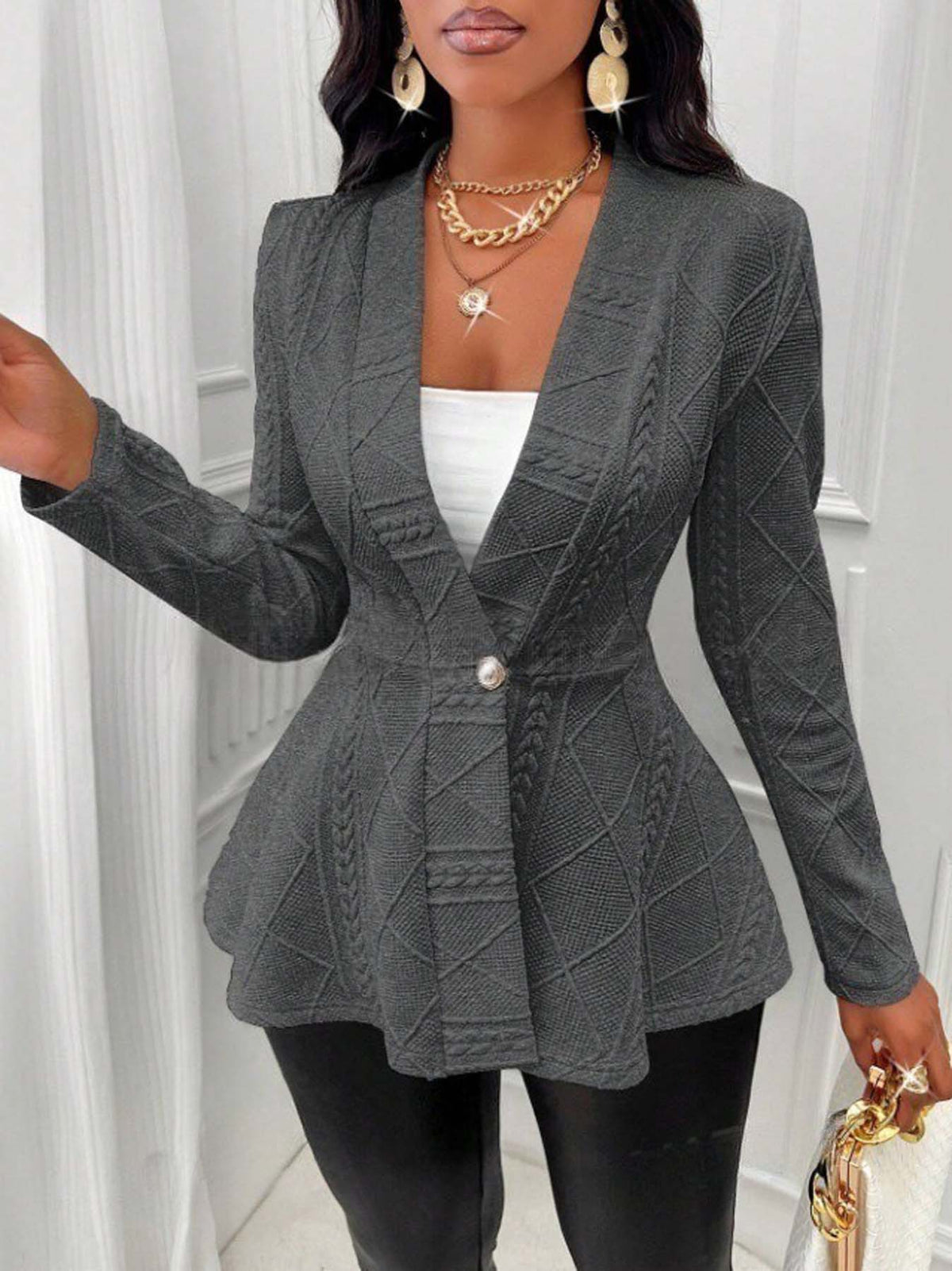 Women's Textured Peplum Blazer One Button Long Sleeve