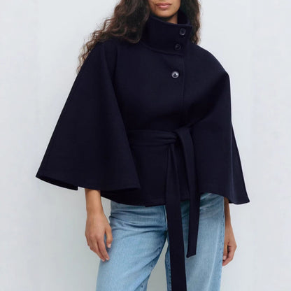 Women's Belted Cape Coat Mock Neck Button Front Jacket