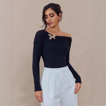 Off Shoulder Ruched Long Sleeve Top with Butterfly Brooch