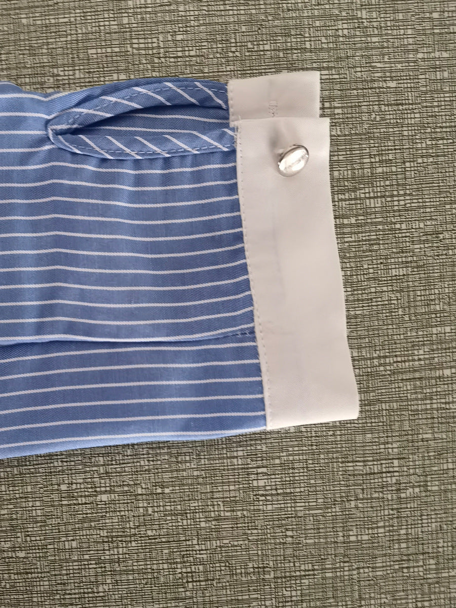 Women's Blue Striped Contrast Collar Long Sleeve Blouse