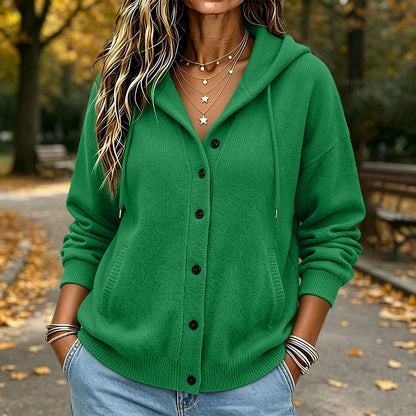 Women's Hooded Button Front Knit Cardigan Sweater Pockets