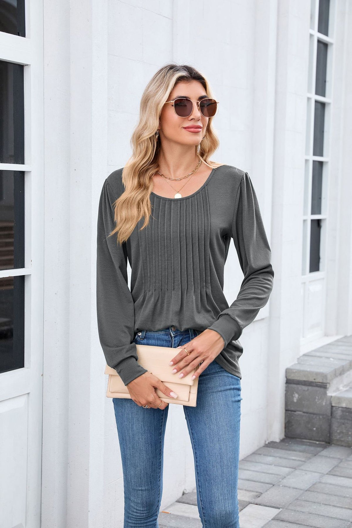 Women's Long Sleeve Pleated Tunic Top Loose Casual Blouse