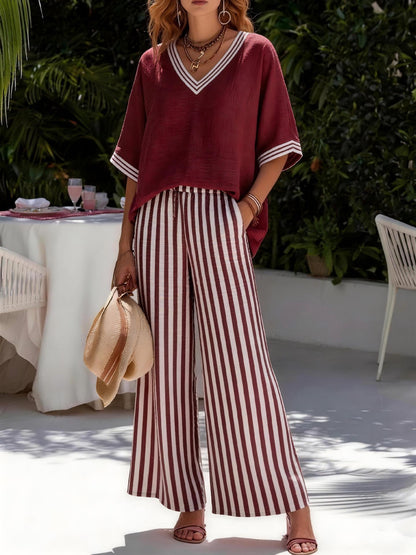 Women's Striped Wide Leg Pants V-Neck Top Two Piece Set
