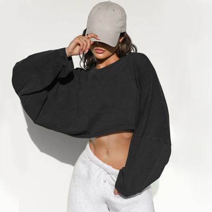 Women's Cropped Sweatshirt Crew Neck Long Sleeve Top