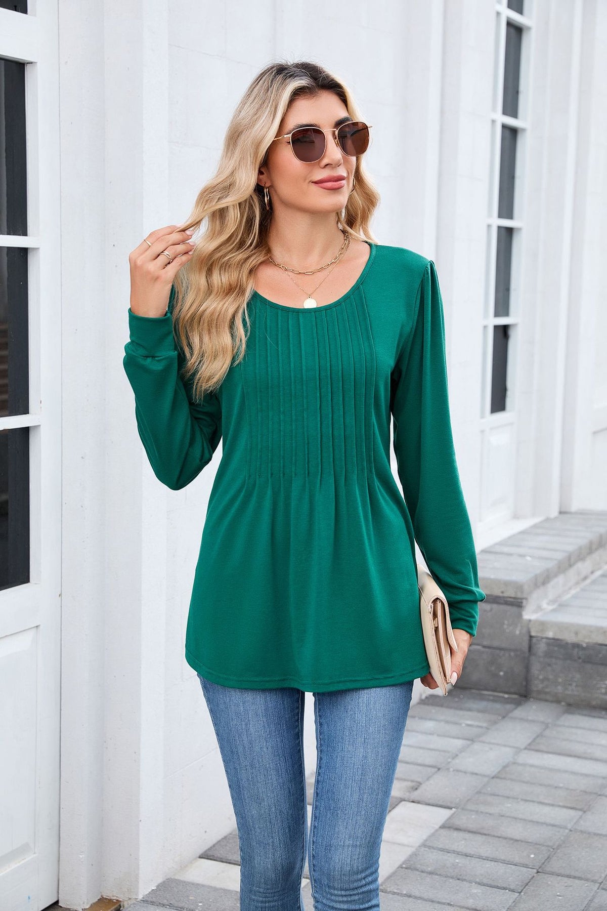 Women's Long Sleeve Pleated Tunic Top Loose Casual Blouse