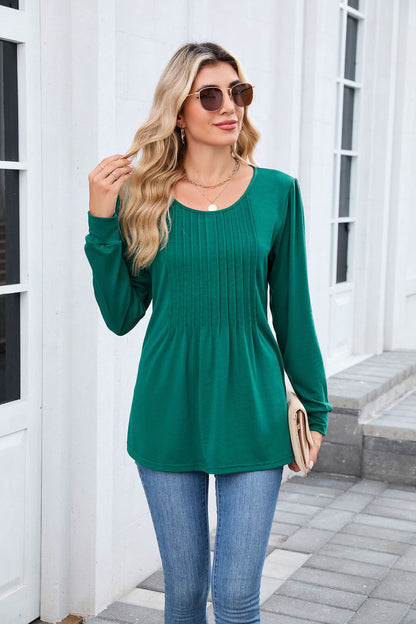 Women's Long Sleeve Pleated Tunic Top Loose Casual Blouse