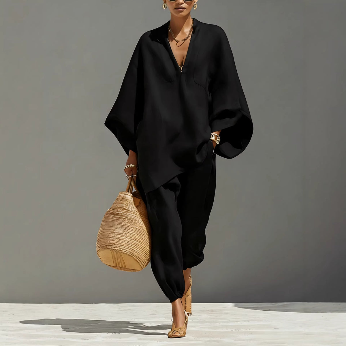 Women's Linen Blend Batwing V-Neck Two Piece Set