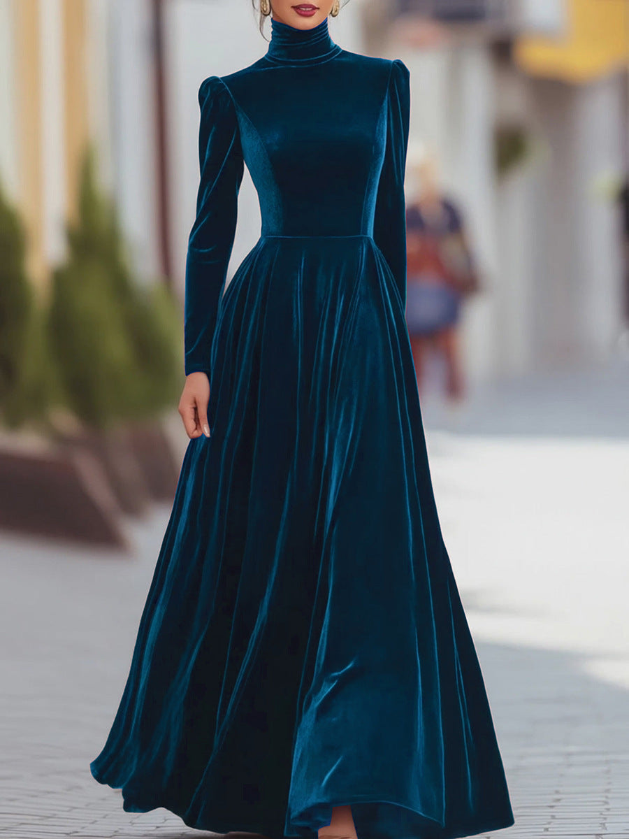 Elegant Velvet Turtleneck Long Sleeve Maxi Dress