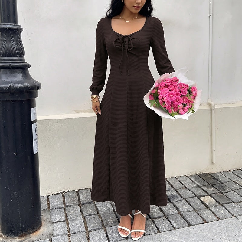 Women Square Neck Tie Front Long Sleeve Maxi Dress A-Line