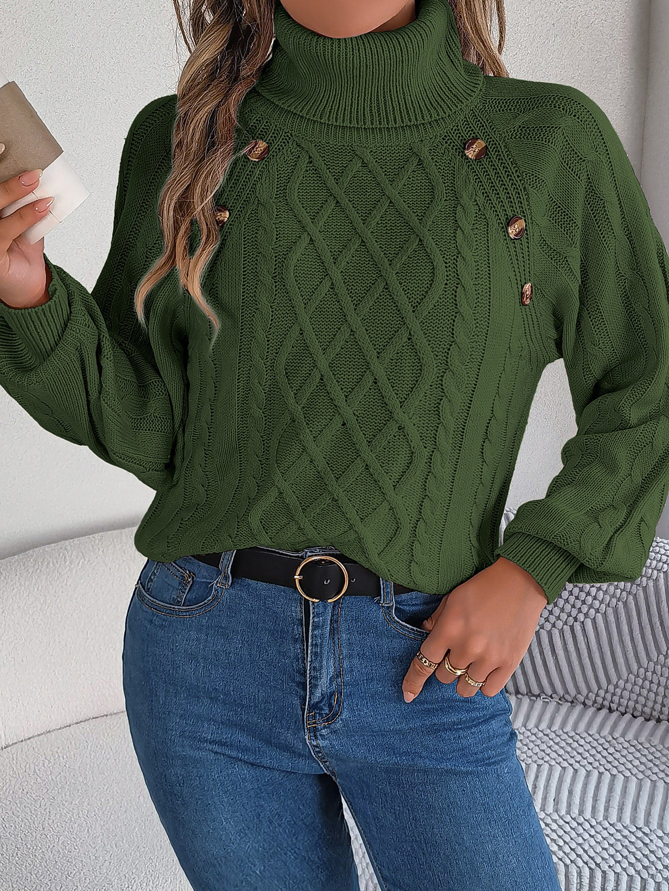 2025 Fall Winter Buttoned Cable Knit Turtleneck Sweater