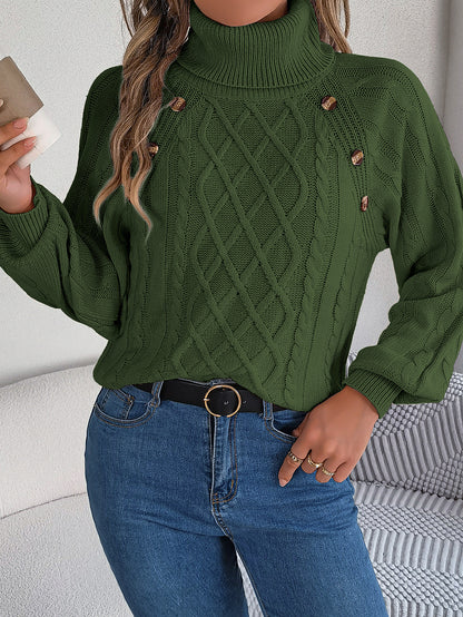 2025 Fall Winter Buttoned Cable Knit Turtleneck Sweater