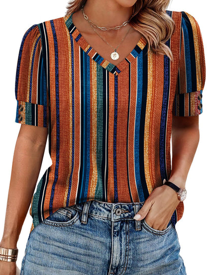 Solid Color V Neck Button Sleeve Puff Top Casual Tee