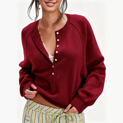 Women's Oversized Henley Sweater Button Front Knit Pullover