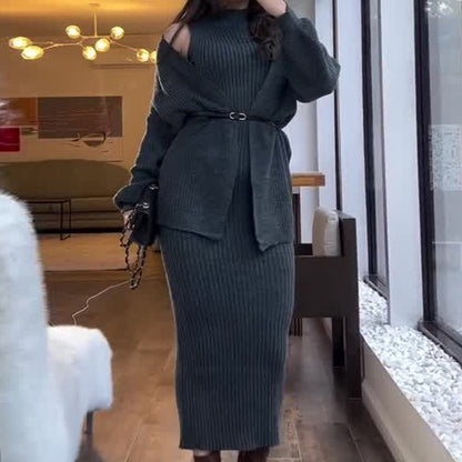 Women's Ribbed Maxi Dress and Cardigan Matching Set