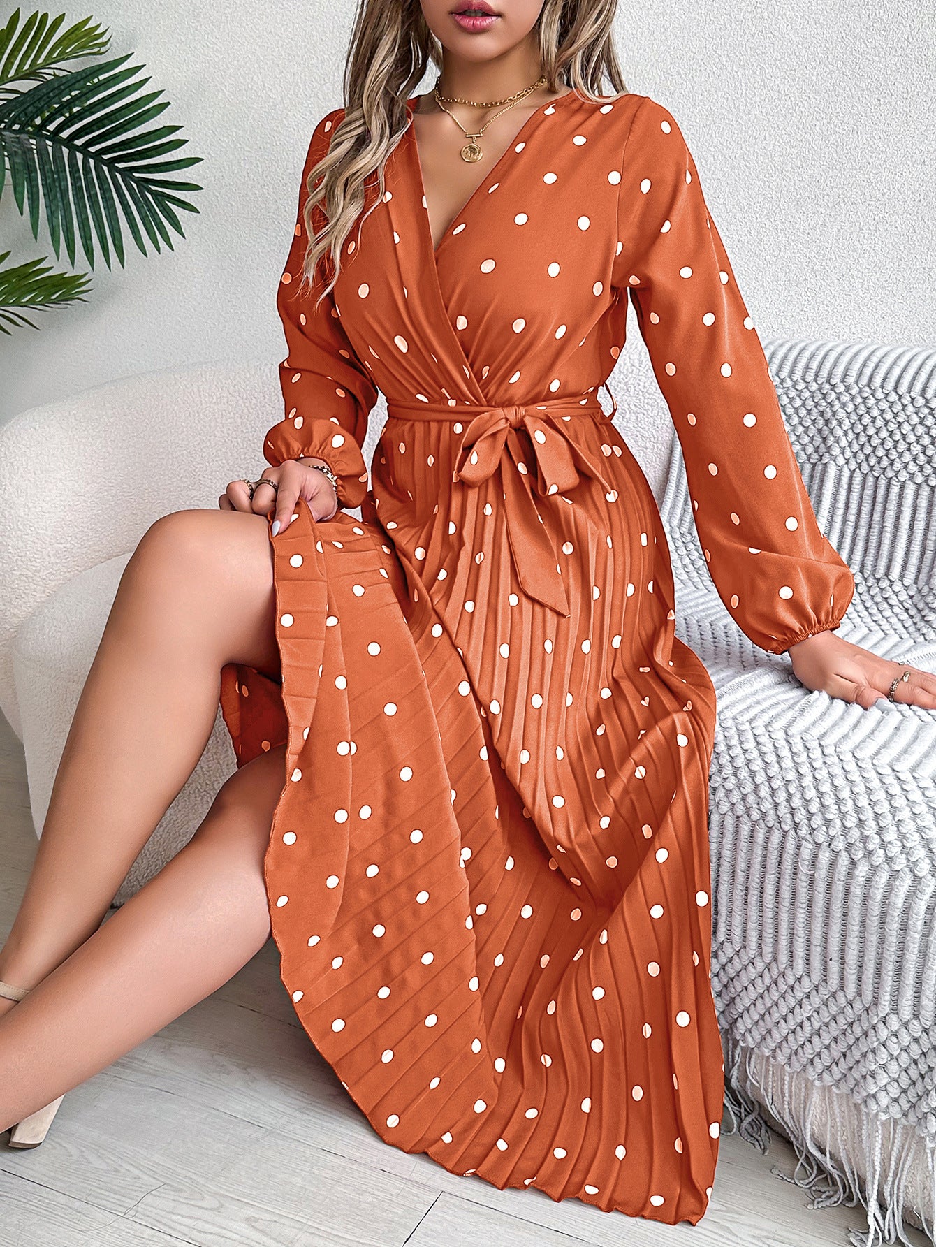 Elegant Polka Dot Cross-Over V-Neck Pleated Midi Dress