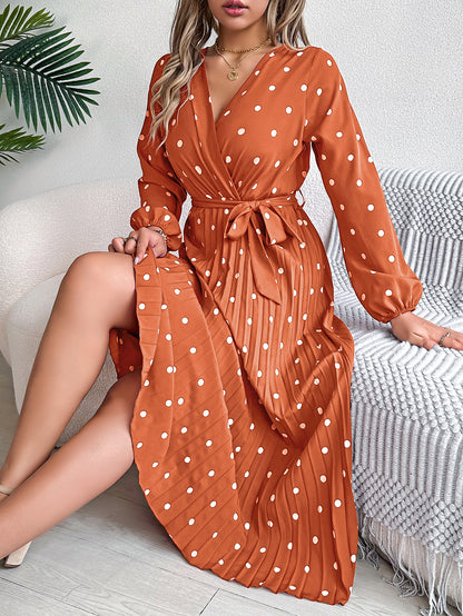 Elegant Polka Dot Cross-Over V-Neck Pleated Midi Dress