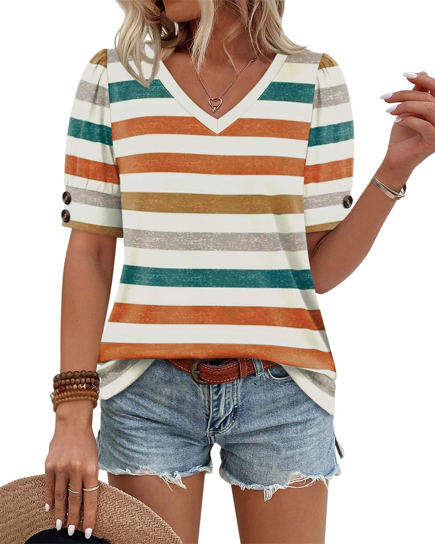 Solid Color V Neck Button Sleeve Puff Top Casual Tee
