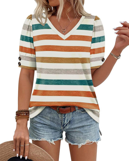 Solid Color V Neck Button Sleeve Puff Top Casual Tee