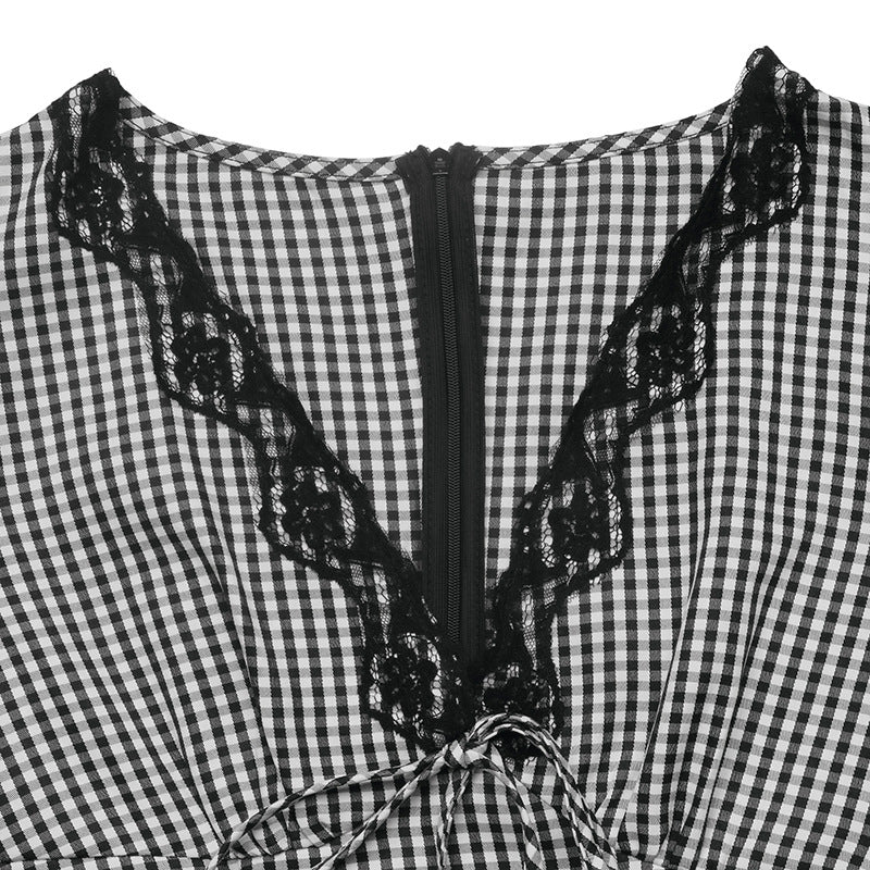 Women's Plaid V-Neck Ruffle Long Sleeve Maxi Dress