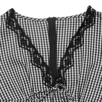Women's Plaid V-Neck Ruffle Long Sleeve Maxi Dress