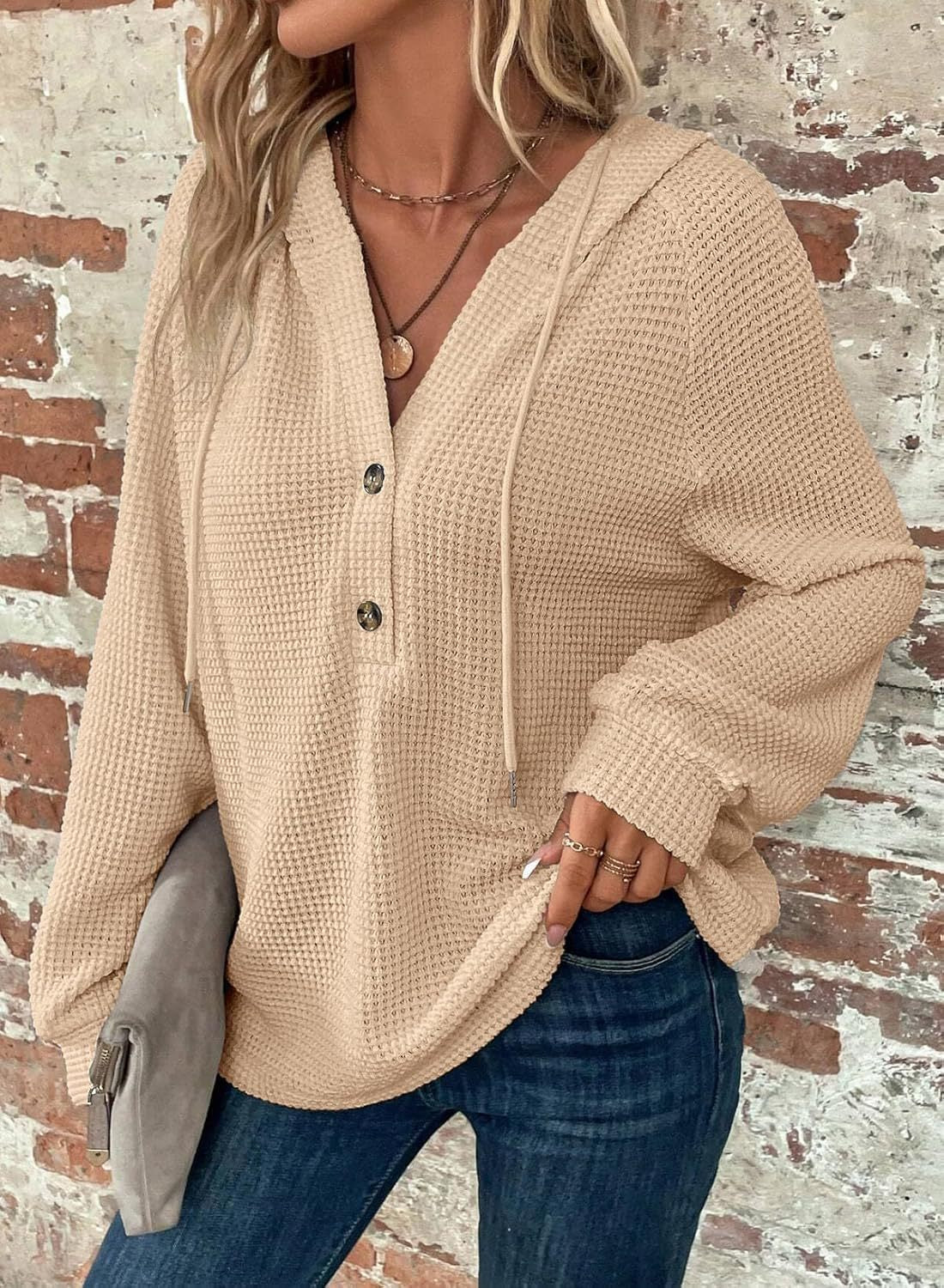 Women's Oversized Waffle Knit Hoodie V Neck Button Pullover