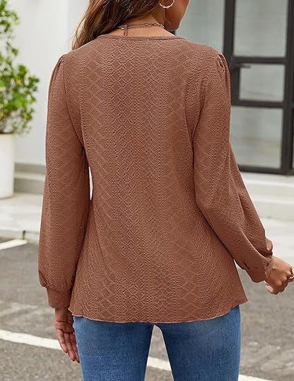 Solid Eyelet Lace Blouse Crew Neck Lantern Sleeve Top