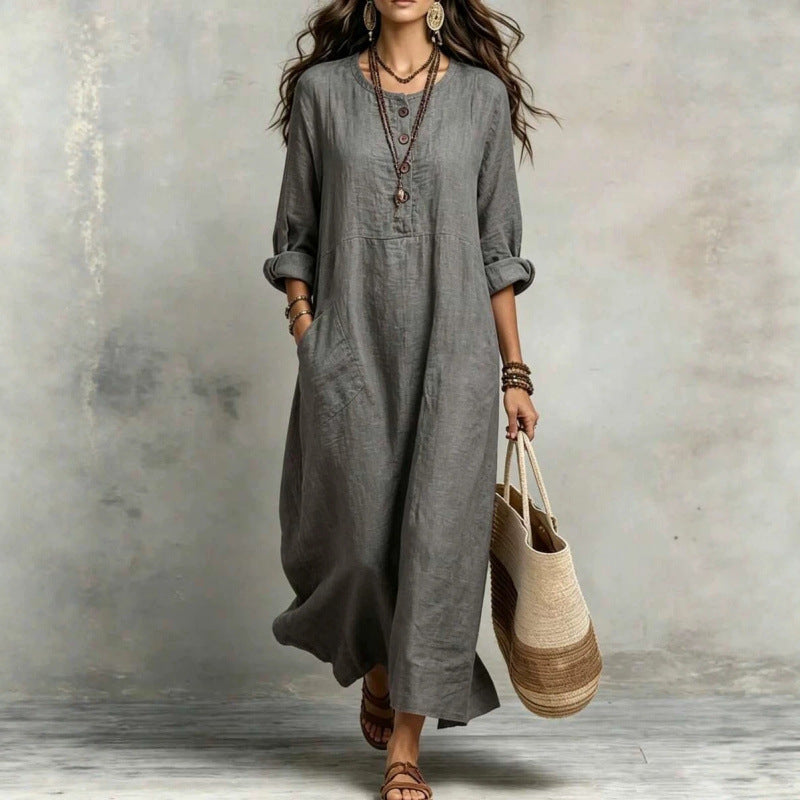 Women's Cotton Linen Maxi Dress Long Sleeve with Pockets
