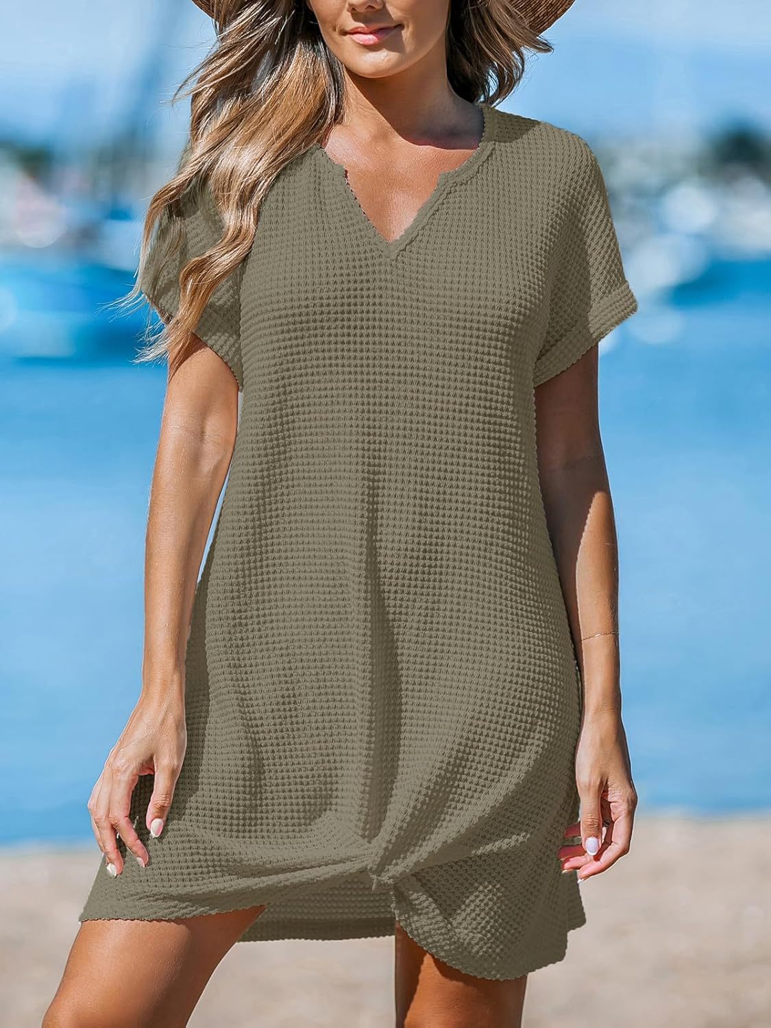 Waffle Knit V-Neck Short Sleeve Beach Cover Up Dress