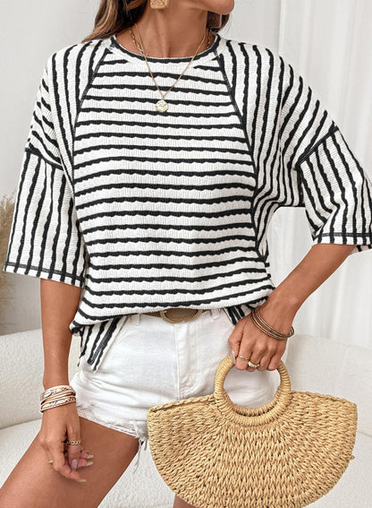 Striped Cotton Blend Tee Casual Half Sleeve Top