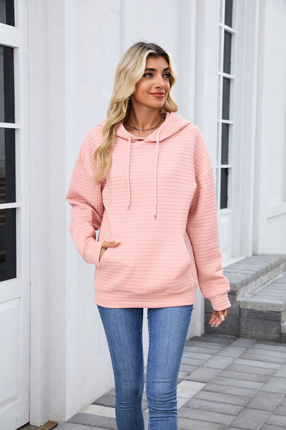 Pink Textured Oversized Hoodie with Front Pocket for Women