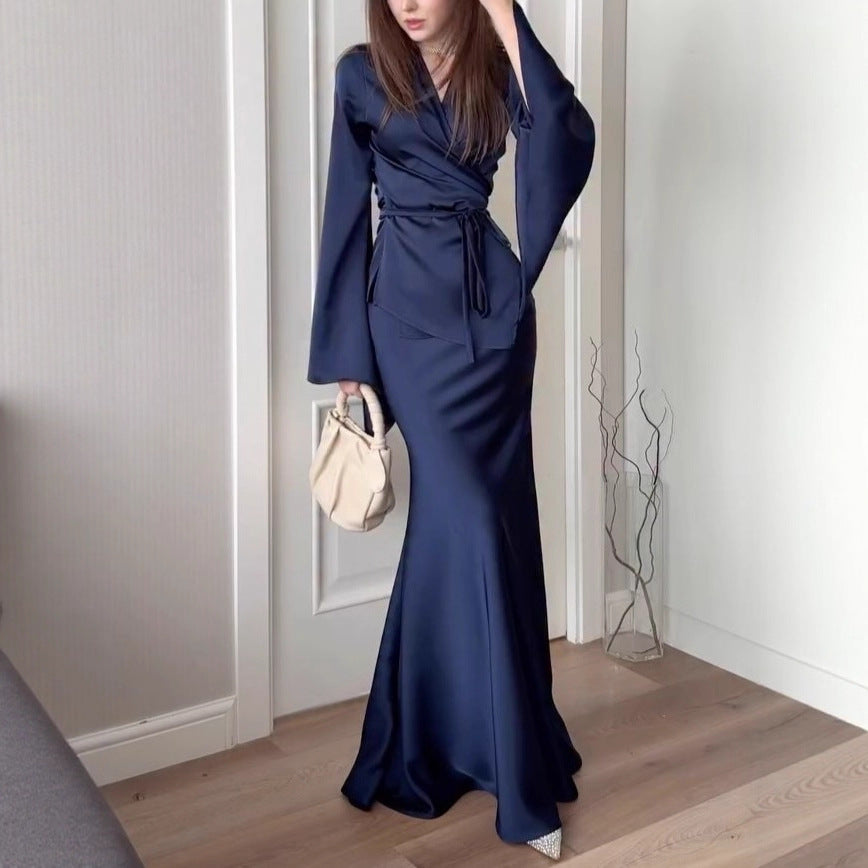 Satin Wrap Belted Long Sleeve Maxi Dress Set