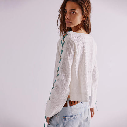 Women's Oversized Lace Up Long Sleeve Top