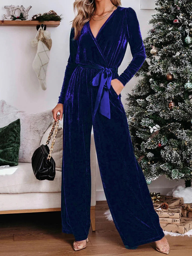 Women's Belted High Waist Wide Leg Long Sleeve Jumpsuit