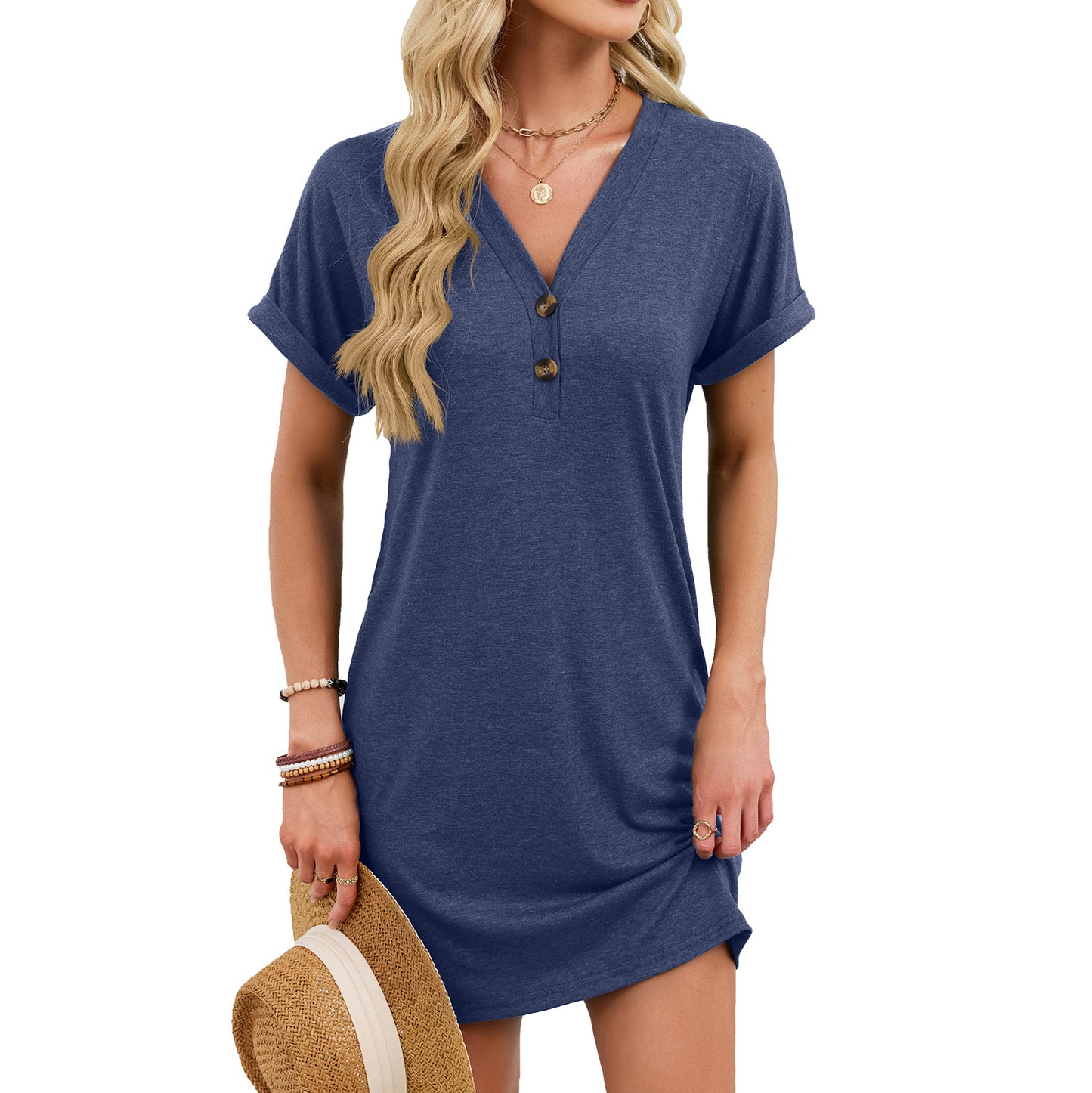 V-Neck Button Short Sleeve Mini Dress for Women