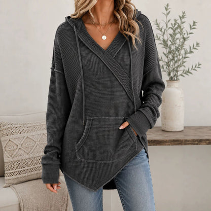 Women's Oversized Waffle Knit Hoodie V Neck Pullover