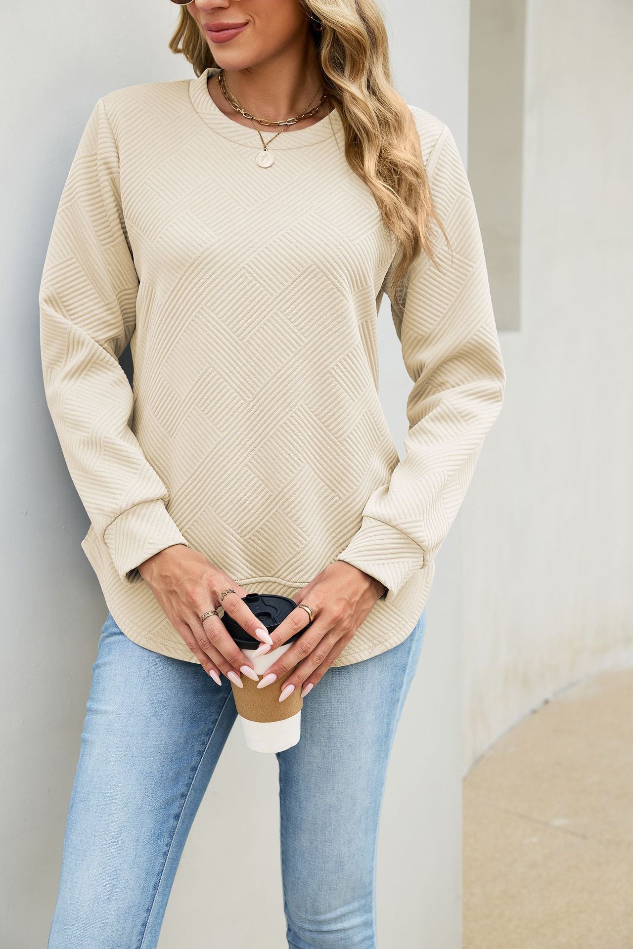 Quilted Textured Sweatshirt Crew Neck Loose Top