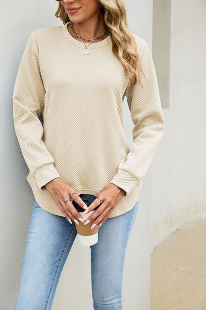 Quilted Textured Sweatshirt Crew Neck Loose Top