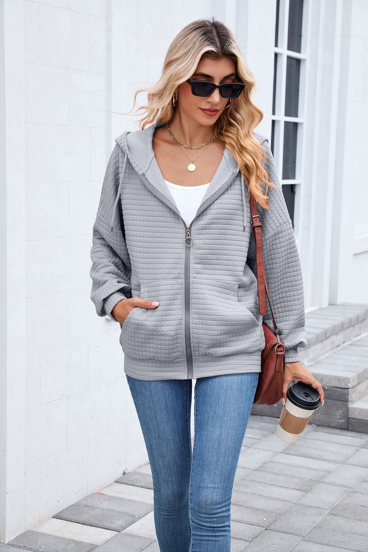 Quilted Zip Up Hooded Jacket Hoodie with Pockets