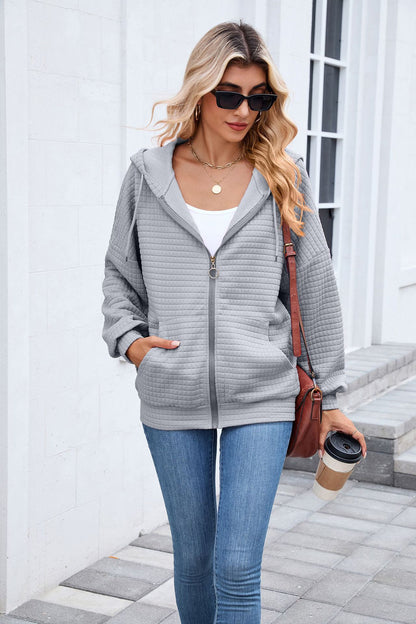 Quilted Zip Up Hooded Jacket Hoodie with Pockets