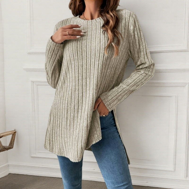 Women's Ribbed Long Sleeve Crew Neck Tunic Top Side Slit