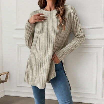 Women's Ribbed Long Sleeve Crew Neck Tunic Top Side Slit