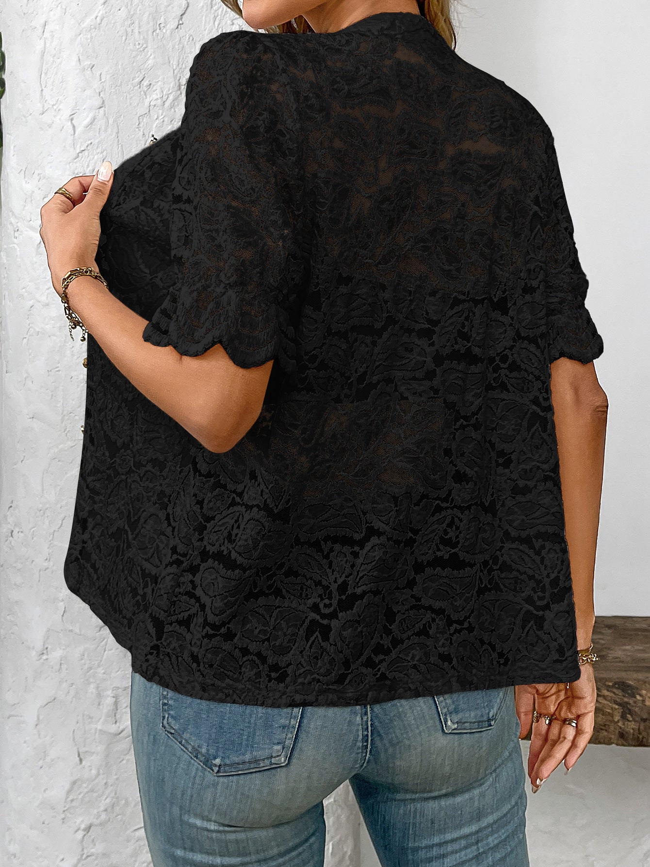 Women's Floral Lace Short Sleeve Button Up Blouse