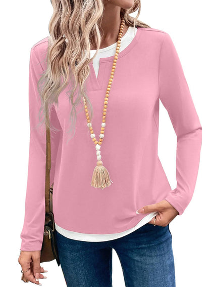 Color block layered look top split neck long sleeve