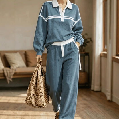Women's Striped Polo Sweatshirt Wide Leg Pants Set