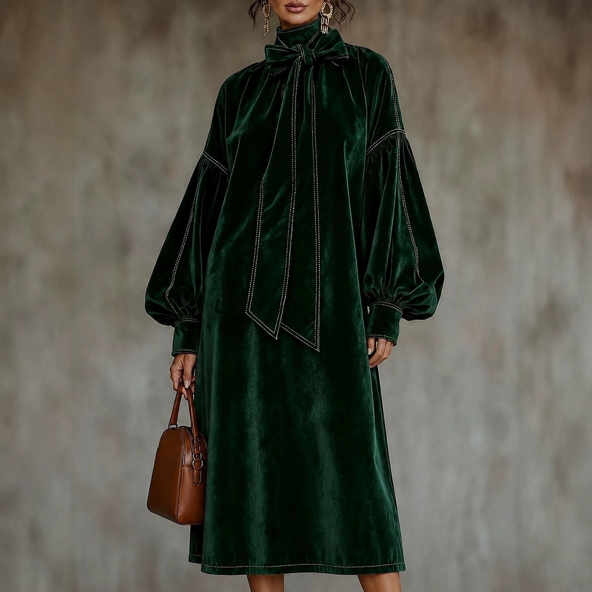 Elegant Velvet Tie Neck Midi Dress Long Puff Sleeve