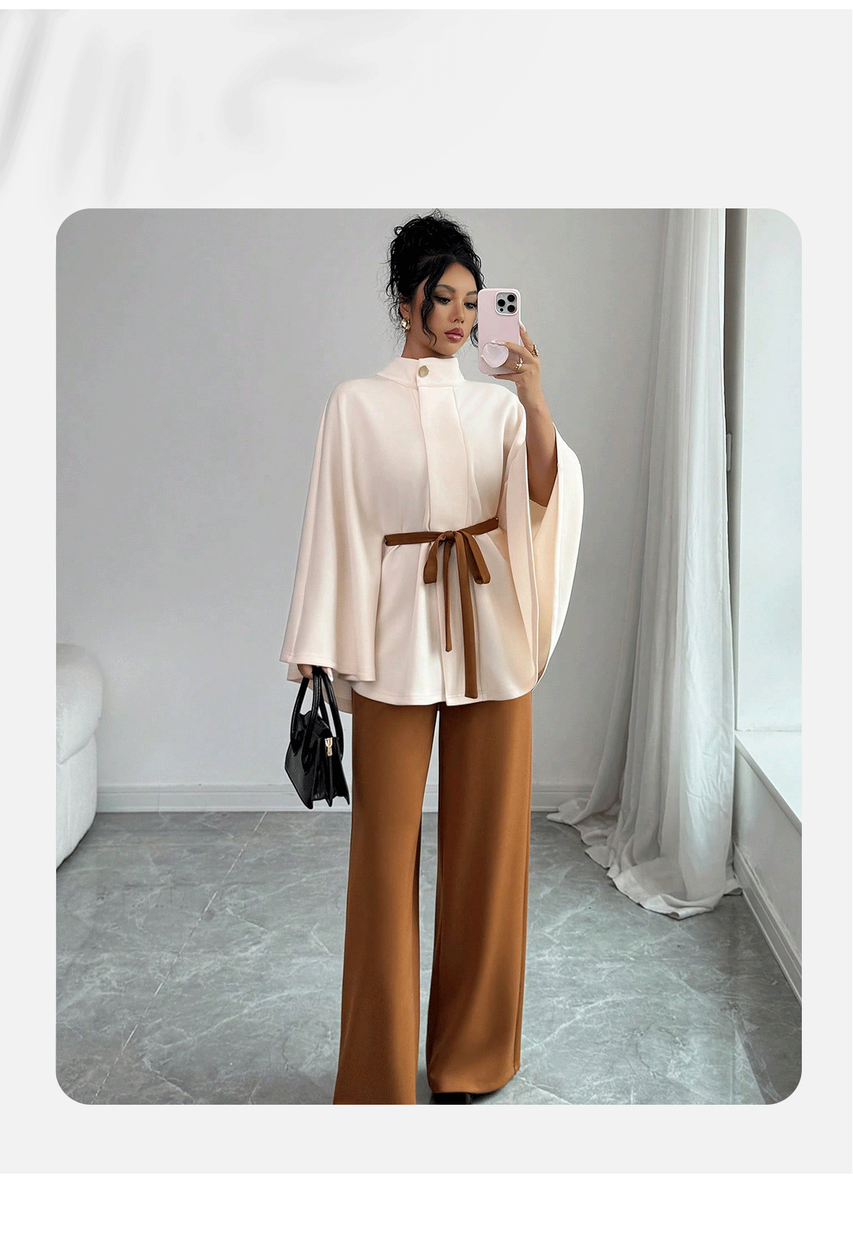 Elegant Belted Cape Top Wide Leg Pants Two Piece Set